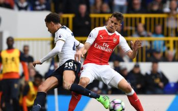 LONDON, ENGLAND - APRIL 30: Gabriel of Arsenal tackles Dele Alli of Tottenham during the Premier League match between Tottenham Hotspur and Arsenal at White Hart Lane on April 30, 2017 in London, England. (Photo by Stuart MacFarlane/Arsenal FC via Getty Images ) *** Local Caption *** Gabriel;Dele Alli
