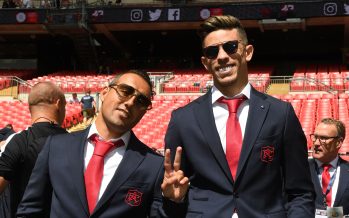 LONDON, ENGLAND - AUGUST 06: (L-R) Santi Cazorla and Gabriel of Arsenal before the FA Community Shield match between Chelsea and Arsenal at Wembley Stadium on August 6, 2017 in London, England. (Photo by Stuart MacFarlane/Arsenal FC via Getty Images) *** Local Caption *** Santi Cazorla;Gabriel
