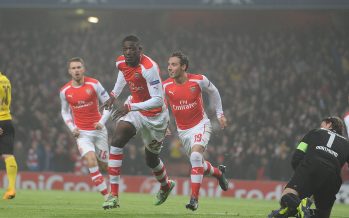 LONDON, ENGLAND - NOVEMBER 26: Yaya Sanogo celebrates scoring for Arsenal during the UEFA Champions League match between Arsenal and Borussia Dortmund at Emirates Stadium on November 26, 2014 in London, United Kingdom. (Photo by Stuart MacFarlane/Arsenal FC via Getty Images) *** Local Caption *** Yaya Sanogo;goal