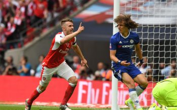 LONDON, ENGLAND - MAY 27: Aaron Ramsey celebrates scoring Arsenal's 2nd goal during the match between Arsenal and Chelsea at Wembley Stadium on May 27, 2017 in London, England. (Photo by David Price/Arsenal FC via Getty Images) *** Local Caption *** Aaron Ramsey