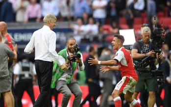 LONDON, ENGLAND - MAY 27: Arsene Wenger the Manager celebrates with Alexis Sanchez after the match between Arsenal and Chelsea at Wembley Stadium on May 27, 2017 in London, England. (Photo by David Price/Arsenal FC via Getty Images) *** Local Caption *** Arsene Wenger; Alexis Sanchez