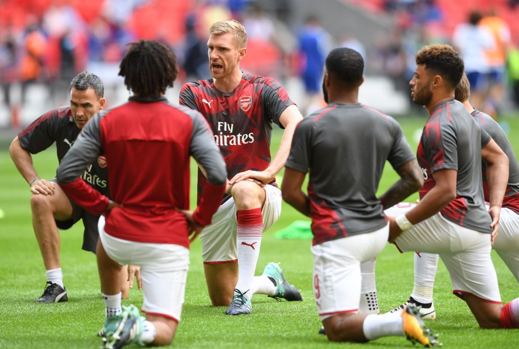 LONDON, ENGLAND - AUGUST 06:  Per Mertesacker of Arsenal warms up before the match between Chelsea and Arsenal at Wembley Stadium on August 6, 2017 in London, England.  (Photo by David Price/Arsenal FC via Getty Images) *** Local Caption *** Per Mertesacker