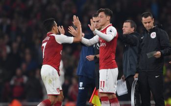 LONDON, ENGLAND - SEPTEMBER 25: Arsenal substitute Mesut Ozil comes on for Alexis Sanchez during the Premier League match between Arsenal and West Bromwich Albion at Emirates Stadium on September 25, 2017 in London, England. (Photo by Stuart MacFarlane/Arsenal FC via Getty Images) *** Local Caption *** Mesut Ozil;Oeizl;Alexis Sanchez