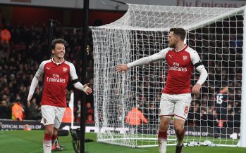 LONDON, ENGLAND - NOVEMBER 29: (L-R) Mesut Ozil and Aaron Ramsey celebrate the 3rd Arsenal goal, scored by Alexis Sanchez during the Premier League match between Arsenal and Huddersfield Town at Emirates Stadium on November 29, 2017 in London, England. (Photo by Stuart MacFarlane/Arsenal FC via Getty Images) *** Local Caption *** Mesut Ozil;Oezil;Aaron Ramsey