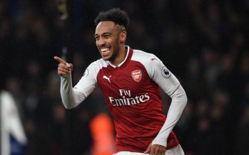LONDON, ENGLAND - FEBRUARY 03: Pierre-Emerick Aubameyang celebrates scoring the 4th Arsenal goal during the Premier League match between Arsenal and Everton at Emirates Stadium on February 3, 2018 in London, England. (Photo by Stuart MacFarlane/Arsenal FC via Getty Images) *** Local Caption *** Pierre-Emerick Aubameyang