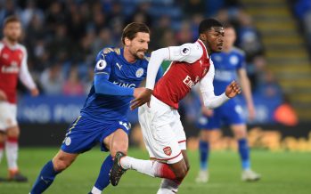 LEICESTER, ENGLAND - MAY 09: Ainsley Maitland-Niles of Arsenal challenged by Adrien Silva of Leicester during the Premier League match between Leicester City and Arsenal at The King Power Stadium on May 9, 2018 in Leicester, England. (Photo by Stuart MacFarlane/Arsenal FC via Getty Images) *** Local Caption *** Ainsley Maitland-Niles;Adrien Silva