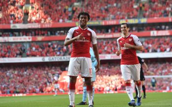 LONDON, ENGLAND - MAY 06: Alex Iwobi celebrates scoring Arsenal's 4th goal during the Premier League match between Arsenal and Burnley at Emirates Stadium on May 6, 2018 in London, England. (Photo by David Price/Arsenal FC via Getty Images) *** Local Caption *** Alex Iwobi