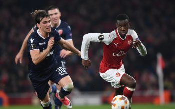 LONDON, ENGLAND - NOVEMBER 02: Eddie Nketiah of Arsenal takes on Filip Stojkovic of Red Star during the UEFA Europa League group H match between Arsenal FC and Crvena Zvezda at Emirates Stadium on November 2, 2017 in London, United Kingdom. (Photo by Stuart MacFarlane/Arsenal FC via Getty Images) *** Local Caption *** Eddie Nketiah;Filip Stojkovic