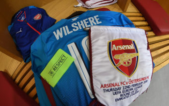 LONDON, ENGLAND - FEBRUARY 22: Jack Wilshere's Arsenal shirt hangs with the match pennant in the changingroom before the UEFA Europa League Round of 32 match between Arsenal and Ostersunds FK at the Emirates Stadium on February 22, 2018 in London, United Kingdom. (Photo by David Price/Arsenal FC via Getty Images) *** Local Caption *** Jack Wilshere; Pennant