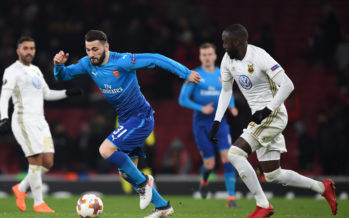 LONDON, ENGLAND - FEBRUARY 22: Sead Kolasinac of Arsenal breaks past Ronald Mukiibi of Ostersunds during UEFA Europa League Round of 32 match between Arsenal and Ostersunds FK at the Emirates Stadium on February 22, 2018 in London, United Kingdom. (Photo by Stuart MacFarlane/Arsenal FC via Getty Images) *** Local Caption *** Sead Kolasinac;Ronald Mukiibi