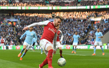LONDON, ENGLAND - FEBRUARY 25: Aaron Ramsey of Arsenal during the Carabao Cup Final between Arsenal and Manchester City at Wembley Stadium on February 25, 2018 in London, England. (Photo by Stuart MacFarlane/Arsenal FC via Getty Images) *** Local Caption *** Aaron Ramsey