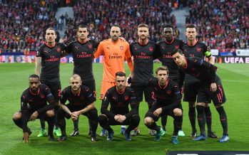 MADRID, SPAIN - MAY 03: The Arsenal team line up before the UEFA Europa League Semi Final second leg match between Atletico Madrid and Arsenal FC at Estadio Wanda Metropolitano on May 3, 2018 in Madrid, Spain. (Photo by Stuart MacFarlane/Arsenal FC via Getty Images) *** Local Caption *** Arsenal team