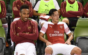 DUBLIN, IRELAND - AUGUST 01: (L-R) Pierre-Emerick Aubameyang and Mesut Ozil of Arsenal during the Pre-season friendly between Arsenal and Chelsea on August 1, 2018 in Dublin, Ireland. (Photo by Stuart MacFarlane/Arsenal FC via Getty Images) *** Local Caption *** Pierre-Emerick Aubameyang;Mesut Ozil;Oezil