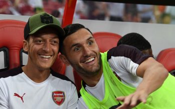 SINGAPORE - JULY 26: Mesut Ozil and Lucas Perez of Arsenal before the International Champions Cup 2018 match between Club Atletico de Madrid and Arsenal at the National Stadium on July 26, 2018 in Singapore. (Photo by David Price/Arsenal FC via Getty Images) *** Local Caption *** Mesut Ozil; Oezil; Lucas Perez