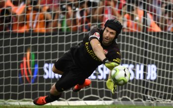 SINGAPORE - JULY 26: Arsenal goalkeeper Petr Cech saves a penalty in the shoot out during the International Champions Cup 2018 match between Club Atletico de Madrid and Arsenal at the National Stadium on July 26, 2018 in Singapore. (Photo by Stuart MacFarlane/Arsenal FC via Getty Images) *** Local Caption *** Petr Cech