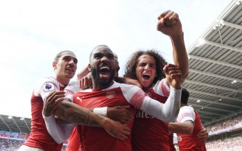CARDIFF, WALES - SEPTEMBER 02: (L-R) Hector Bellerin, Alex Lacazette and Matteo Guendouzi celebrate the 2nd Arsenal goal during the Premier League match between Cardiff City and Arsenal at Cardiff City Stadium on September 2, 2018 in Cardiff, United Kingdom. (Photo by Stuart MacFarlane/Arsenal FC via Getty Images) *** Local Caption *** Hector Bellerin;Alex Lacazette;Matteo Guendouzi
