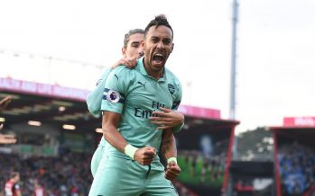BOURNEMOUTH, ENGLAND - NOVEMBER 25: Pierre-Emerick Aubameyang celebrates scoring the 2nd Arsenal goal during the Premier League match between AFC Bournemouth and Arsenal FC at Vitality Stadium on November 25, 2018 in Bournemouth, United Kingdom. (Photo by Stuart MacFarlane/Arsenal FC via Getty Images)