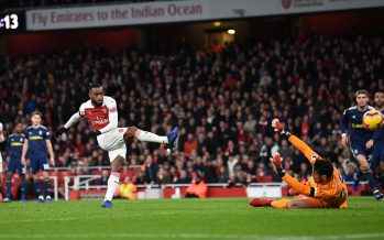 LONDON, ENGLAND - JANUARY 01: Alexandre Lacazette scores Arsenal's 2nd goal during the Premier League match between Arsenal FC and Fulham FC at Emirates Stadium on January 1, 2019 in London, United Kingdom. (Photo by David Price/Arsenal FC via Getty Images) *** Local Caption *** Alexandre Lacazette