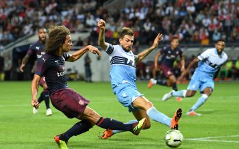 STOCKHOLM, SWEDEN - AUGUST 04: Matteo Guendouzi of Arsenal shots under pressure from Francesco Acerbi of Lazio during the Pre-season friendly between Arsenal and SS Lazzio on August 4, 2018 in Stockholm, Sweden. (Photo by David Price/Arsenal FC via Getty Images) *** Local Caption *** Matteo Guendouzi; Francesco Acerbi