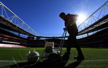 LONDON, ENGLAND - SEPTEMBER 26: The Arsenal groundsman marks out the pitch before the Carabao Cup Third Round match between Arsenal and Brentford at Emirates Stadium on September 26, 2018 in London, England. (Photo by David Price/Arsenal FC via Getty Images) *** Local Caption *** Arsenal Groundsman; Pitch marking