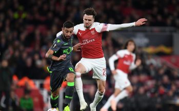 LONDON, ENGLAND - NOVEMBER 08: Carl Jenkinson of Arsenal challenges Bruno Fernandes of Sporting moves in during the UEFA Europa League Group E match between Arsenal and Sporting CP at Emirates Stadium on November 8, 2018 in London, United Kingdom. (Photo by David Price/Arsenal FC via Getty Images) *** Local Caption *** Carl Jenkinson;Bruno Fernandes
