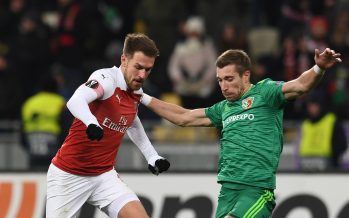 KIEV, UKRAINE - NOVEMBER 29: Aaron Ramsey of Arsenal takes on Lurii Kolomoets of Voskla during the UEFA Europa League Group E match between Vorskla Poltava and Arsenal at Oleksiy Butovsky Vorskla Stadium on November 29, 2018 in Poltava, Ukraine. (Photo by David Price/Arsenal FC via Getty Images) *** Local Caption *** Lurii Kolomoets; Aaron Ramsey