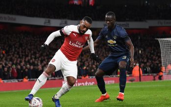 LONDON, ENGLAND - JANUARY 25: Alexandre Lacazette of Arsenal is closed down by Eric Bailly of Man Utd during the FA Cup Fourth Round match between Arsenal and Manchester United at Emirates Stadium on January 25, 2019 in London, United Kingdom. (Photo by David Price/Arsenal FC via Getty Images) *** Local Caption *** Eric Bailly; Alexandre Lacazette