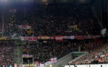 COLOGNE, GERMANY - NOVEMBER 23: The Arsenal fans in the away section of the stadium during the UEFA Europa League group H match between 1. FC Koeln and Arsenal FC at RheinEnergieStadion on November 23, 2017 in Cologne, Germany. (Photo by David Price/Arsenal FC via Getty Images) *** Local Caption *** Arsenal fans