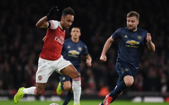 LONDON, ENGLAND - JANUARY 25: Pierre-Emerick Aubameyang of Arsenal takes on Luke Shaw of Man United during the FA Cup Fourth Round match between Arsenal and Manchester United at Emirates Stadium on January 25, 2019 in London, United Kingdom. (Photo by Stuart MacFarlane/Arsenal FC via Getty Images)