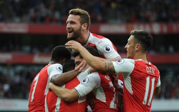 LONDON, ENGLAND - SEPTEMBER 24: Alexis Sanchez celebrates scoring Arsenal's 1st goal with his team mates and Shkodran Mustafi during the Premier League match between Arsenal and Chelsea at Emirates Stadium on September 24, 2016 in London, England. (Photo by David Price/Arsenal FC via Getty Images) *** Local Caption *** Alexis Sanchez; Shkodran Mustafi