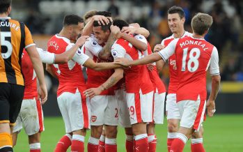 HULL, ENGLAND - SEPTEMBER 17: Granit Xhaka celebrates scoring Arsenal's 4th goal with his team mates during the Premier League match between Hull City and Arsenal at KCOM Stadium on September 17, 2016 in Hull, England. (Photo by David Price/Arsenal FC via Getty Images) *** Local Caption *** Granit Xhaka