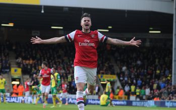 NORWICH, ENGLAND - MAY 11: Carl Jenkinson celebrates scoring the 2nd Arsenal goal during the Barclays Premier League match between Norwich City and Arsenal at Carrow Road on May 11, 2014 in Norwich, England. (Photo by Stuart MacFarlane/Arsenal FC via Getty Images) *** Local Caption *** Carl Jenkinson