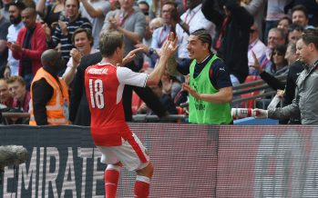 LONDON, ENGLAND - APRIL 23: (L) Nacho Monreal celebrates scoring the 1st Arsenal goal with substitute (R) Hector Bellerin during the Emirates FA Cup Semi-Final match between Arsenal and Manchester City at Wembley Stadium on April 23, 2017 in London, England. (Photo by Stuart MacFarlane/Arsenal FC via Getty Images) *** Local Caption *** Nacho Monreal;Hector Bellerin