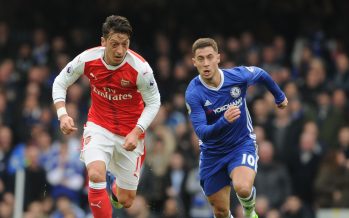 LONDON, ENGLAND - FEBRUARY 04: Mesut Ozil of Arsenal breaks past Eden Hazard of Chelsea during the Premier League match between Chelsea and Arsenal at Stamford Bridge on February 4, 2017 in London, England. (Photo by Stuart MacFarlane/Arsenal FC via Getty Images) *** Local Caption *** Mesut Ozil;Oezil;Eden Hazard