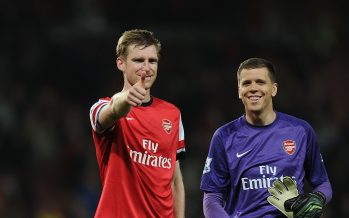LONDON, ENGLAND - APRIL 28: (L-R) Per Mertesacker and Wojciech Szczesny celebrate the Arsenal victory after the Barclays Premier League match between Arsenal and Newcastle United at Emirates Stadium on April 28, 2014 in London, England. (Photo by Stuart MacFarlane/Arsenal FC via Getty Images) *** Local Caption *** Per Mertesacker;Wojciech Szczesny